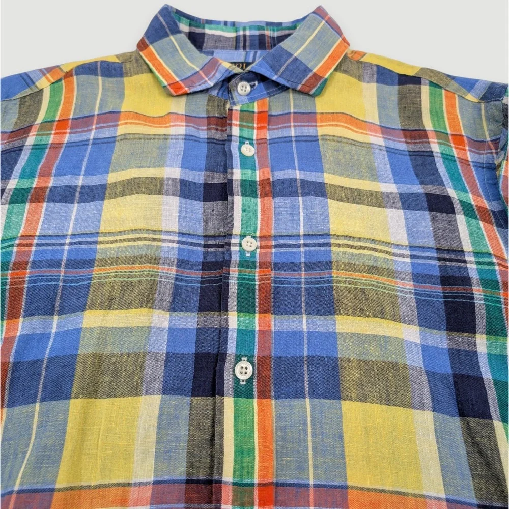 Polo Ralph Lauren Linen Button Up Shirt Mens Large Multicolor Plaid Long Sleeve - Picture 7 of 11